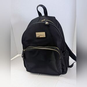 Marc New York Backpack Gold Tone Logo Plaque Black Nylon Large Bag Zip Pockets